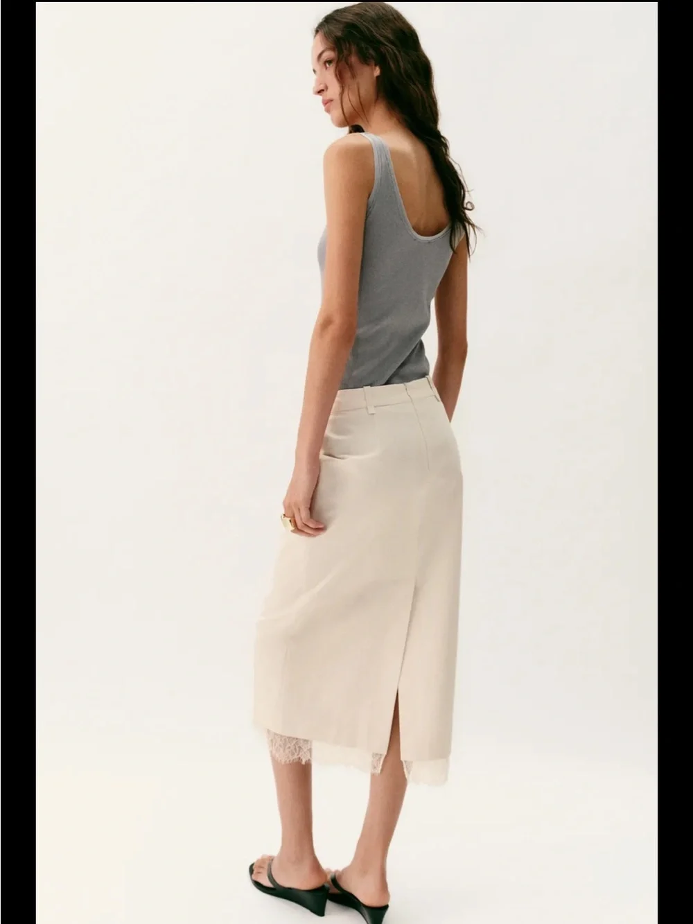 Zara Cream Midi Pencil Skirt with Lace Trim